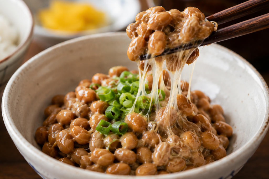 Japanese natto fermented soybeans with sticky strings showing Bacillus subtilis fermentation