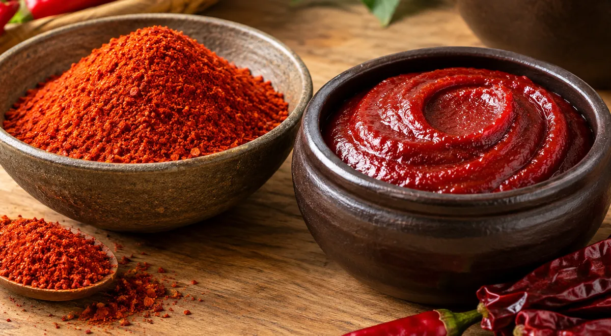 Illustration of gochujang, a thick fermented red pepper paste, next to gochugaru, dried Korean red pepper flakes
