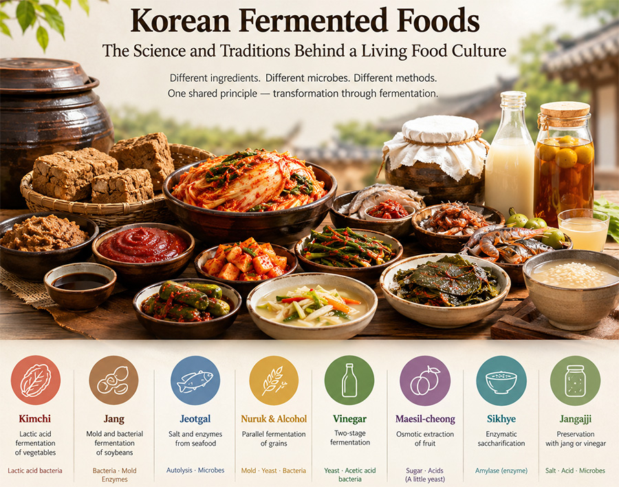 Korean fermented foods including kimchi doenjang gochujang and jang varieties on a traditional table