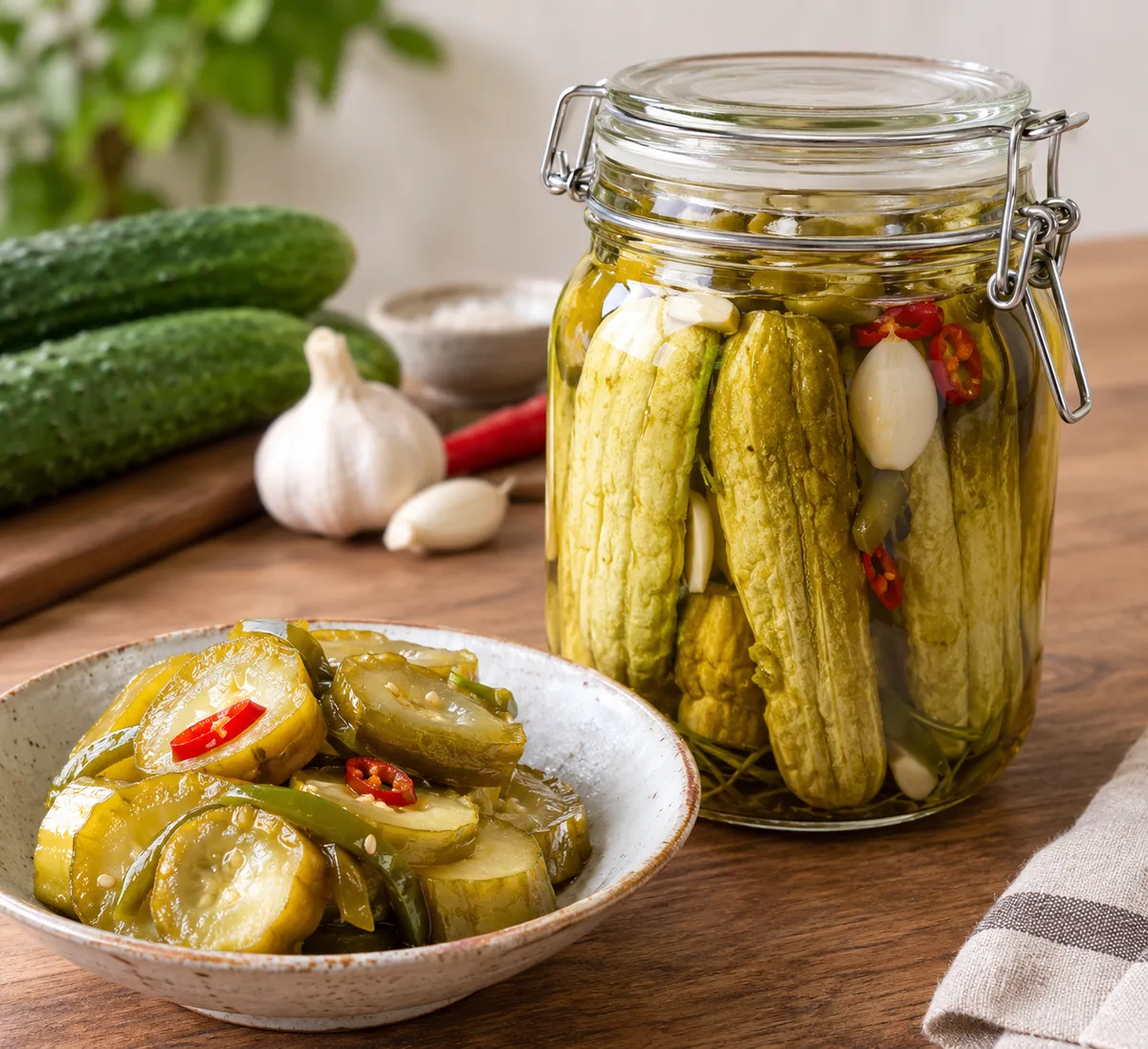 Illustration of Korean oiji, cucumbers fermented in salt brine without any vinegar