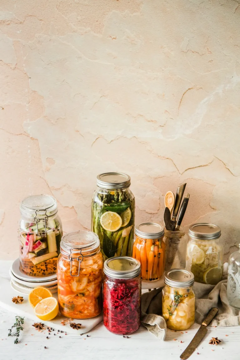 Assorted jars of fermented foods representing the range of probiotics and postbiotics fermentation can produce